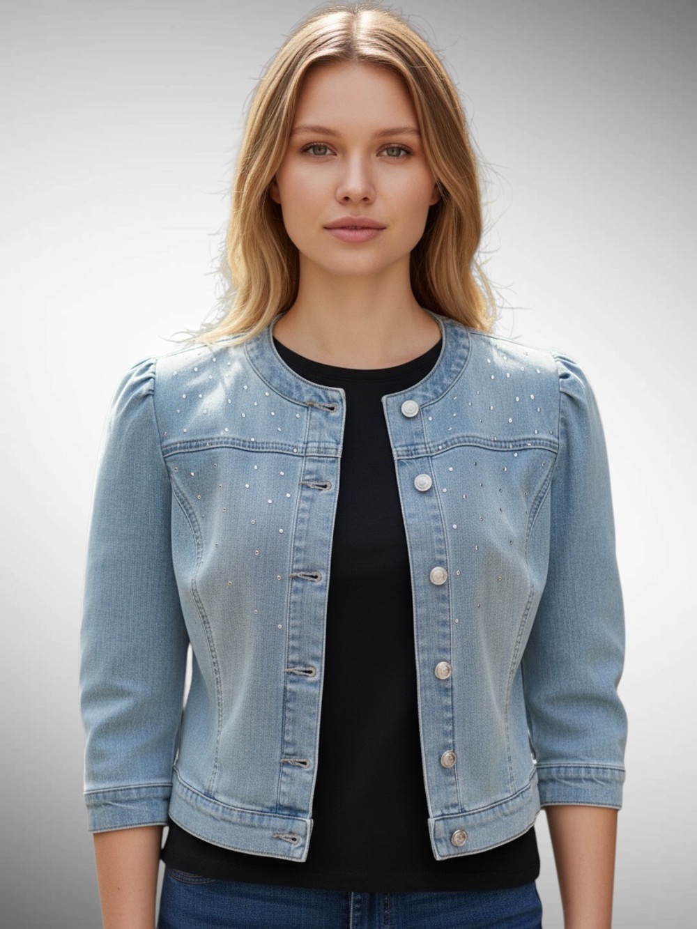 G by Giuliani Collarless Denim Jacket Rhinestone Embellishments 3/4-Sleeve